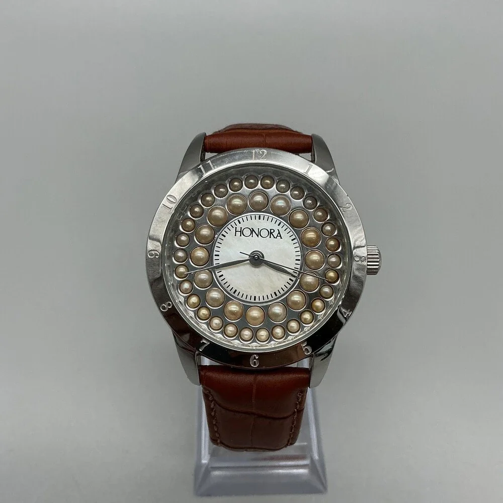 Honora Womens Watch 40mm Champagne Pearl Dial Brown Leather Issue w/ Crown